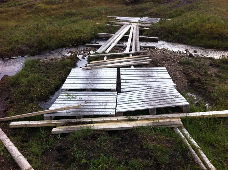 pallets and planks covering the boggy ground